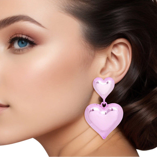 Dangle Pink Med Puffy Metal Heart Earrings Women